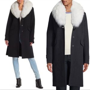 Derek Lam 10 Crosby Navy black wool blend long coat with white fur collar Large